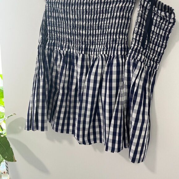 Milly Dark Blue & White Gingham Print Smocked Off the Shoulder Blouse Size Small - Picture 3 of 7